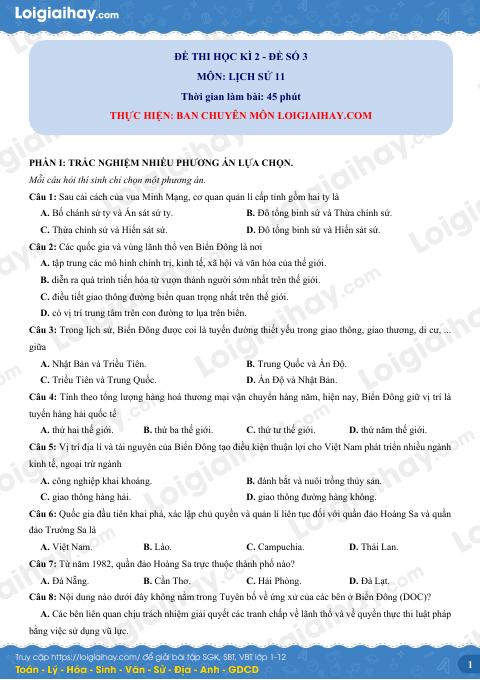 Đề thi học kì 2 Lịch sử 11 - Đề số 3